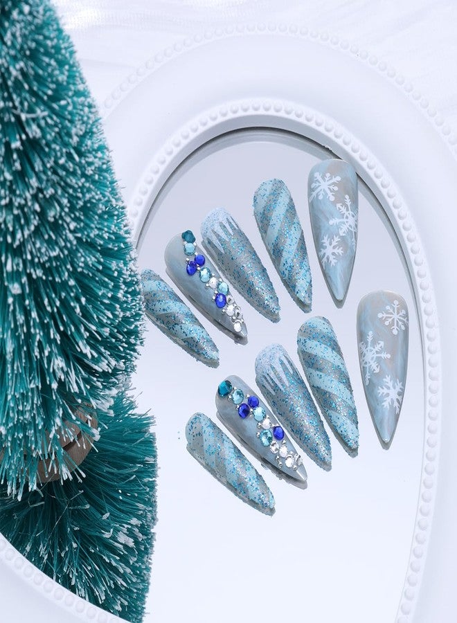 LRKNNO Christmas Press on Nails Medium Almond Fake Nails Blue Snowflake False Nails with 3D Rhinestones Designs Glitter Winter Glue on Nails Full Cover Acrylic Artificial Nail for Women DIY Manicure 24 Pcs - Image 3